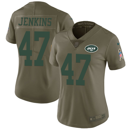 Nike Jets #47 Jordan Jenkins Olive Women's Stitched NFL Limited Salute to Service Jersey - Click Image to Close